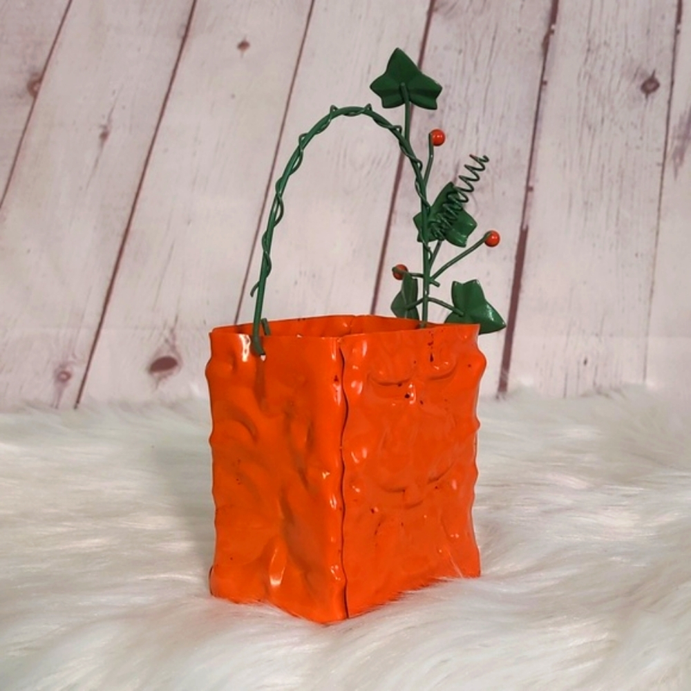 Vintage 90s Halloween Metal Pumpkin Jack-o-lantern Bag Tealight Candle Holder - Picture 9 of 16